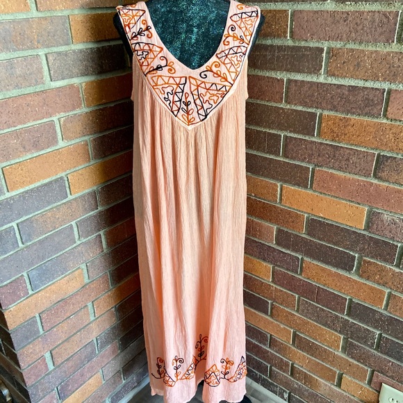 Pagoda Free Size Light Orange Dress / Coverup with Embroidery - Picture 3 of 6